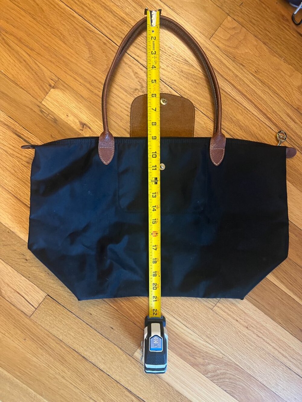 Longchamp Le Pliage Large Shoulder Tote Black Nylon Brown Leather L1899 - Picture 2 of 7